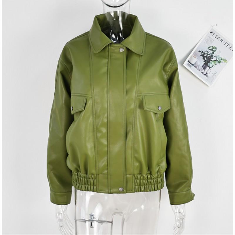 Womens Green Faux Leather Jacket With Turn-Down Collar Loose Fit Street Style Outerwear Fall Winter