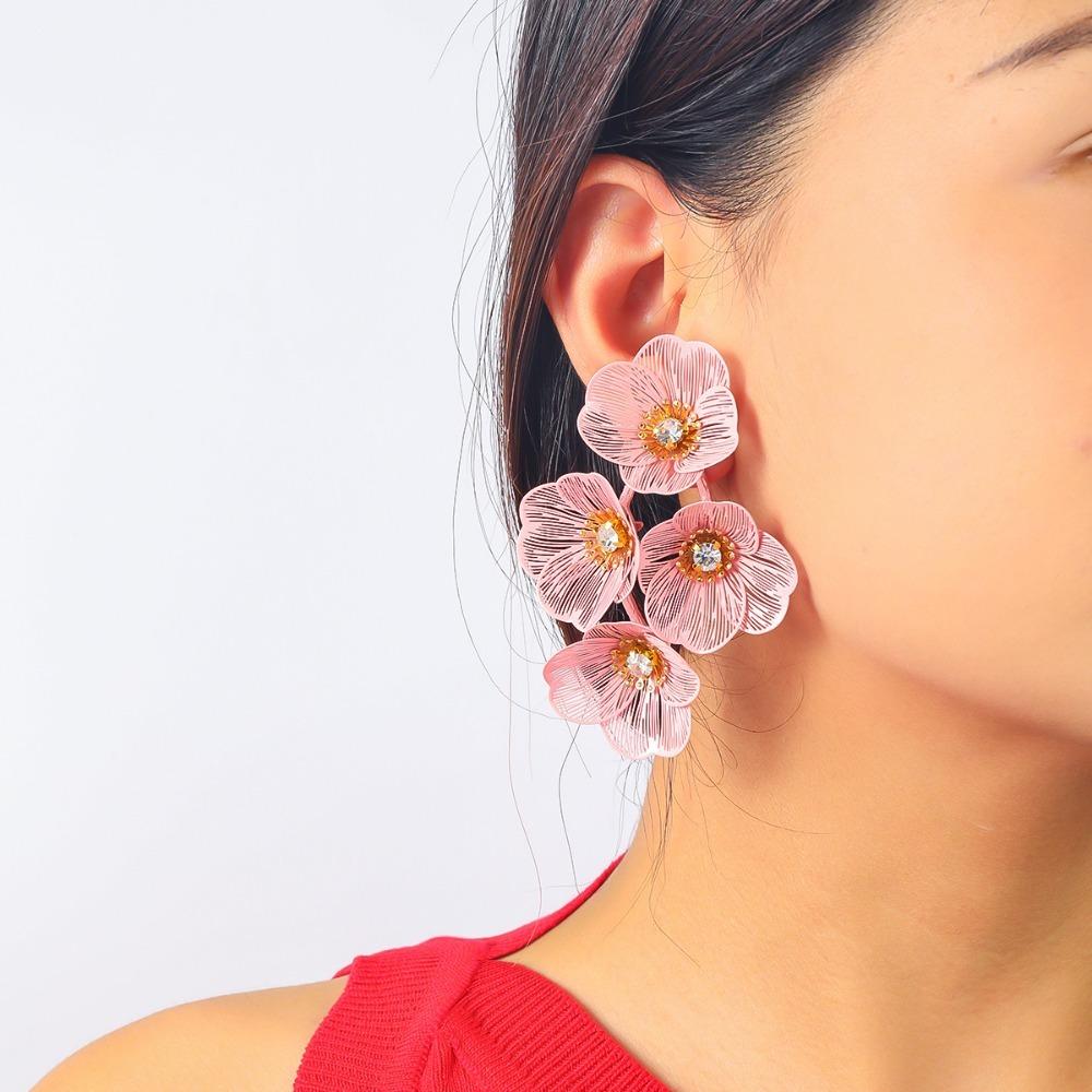 Luxury Floral Tassel Earrings Rhinestone Long Dangle Earrings Exaggerated Flower Ear Drop  Party