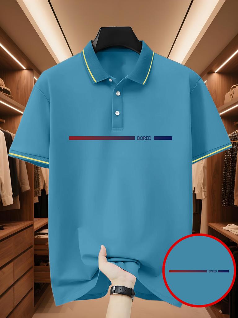 Men's Golf Polo Shirt with Gradient Long-strip Large-pattern Print - Short-sleeve Lapel Stylish Polo Shirt for Business Casual Daily Wear