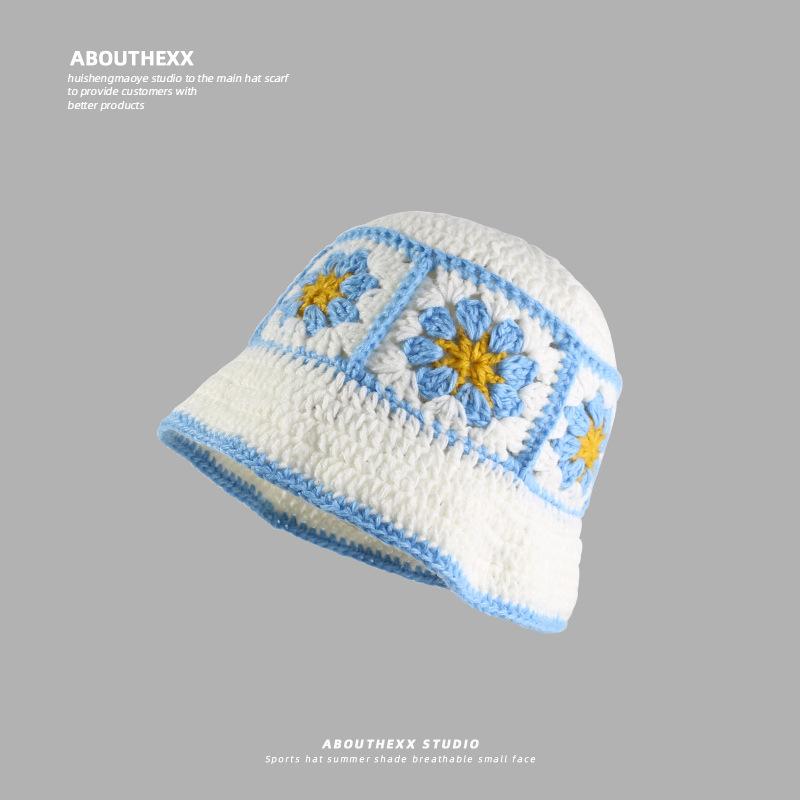 

Korean Handmade Hook Flower Contrast Knitted Fisherman Hat for Women In Autumn and Winter Warm Hat Versatile Face Showing Small Retro Wool Hat M（56-58cm）