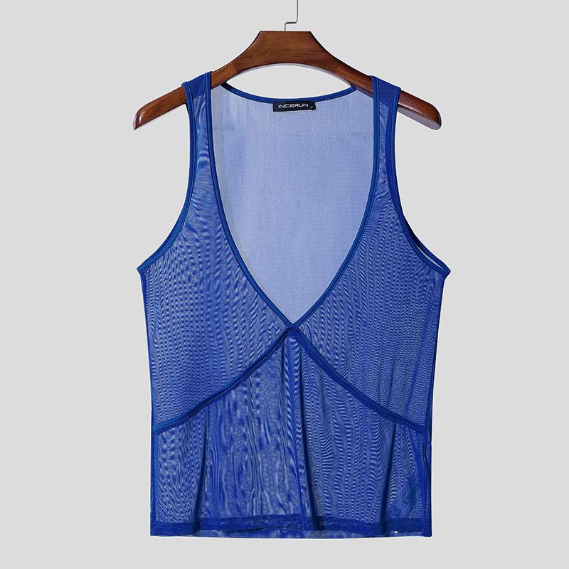 INCERUN Men Deep V Neck Sleeveless See Through Mesh Sheer Tank Tops