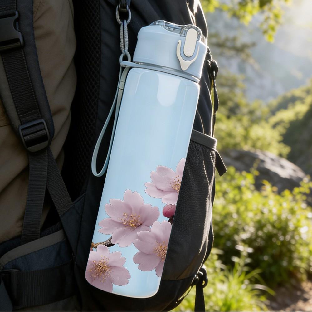 1PC Cherry Blossom Twig Floral Layout 750ml Color Plastic Sports Water Bottle Leakproof Flip Straw Lid For Sports Office Home Use