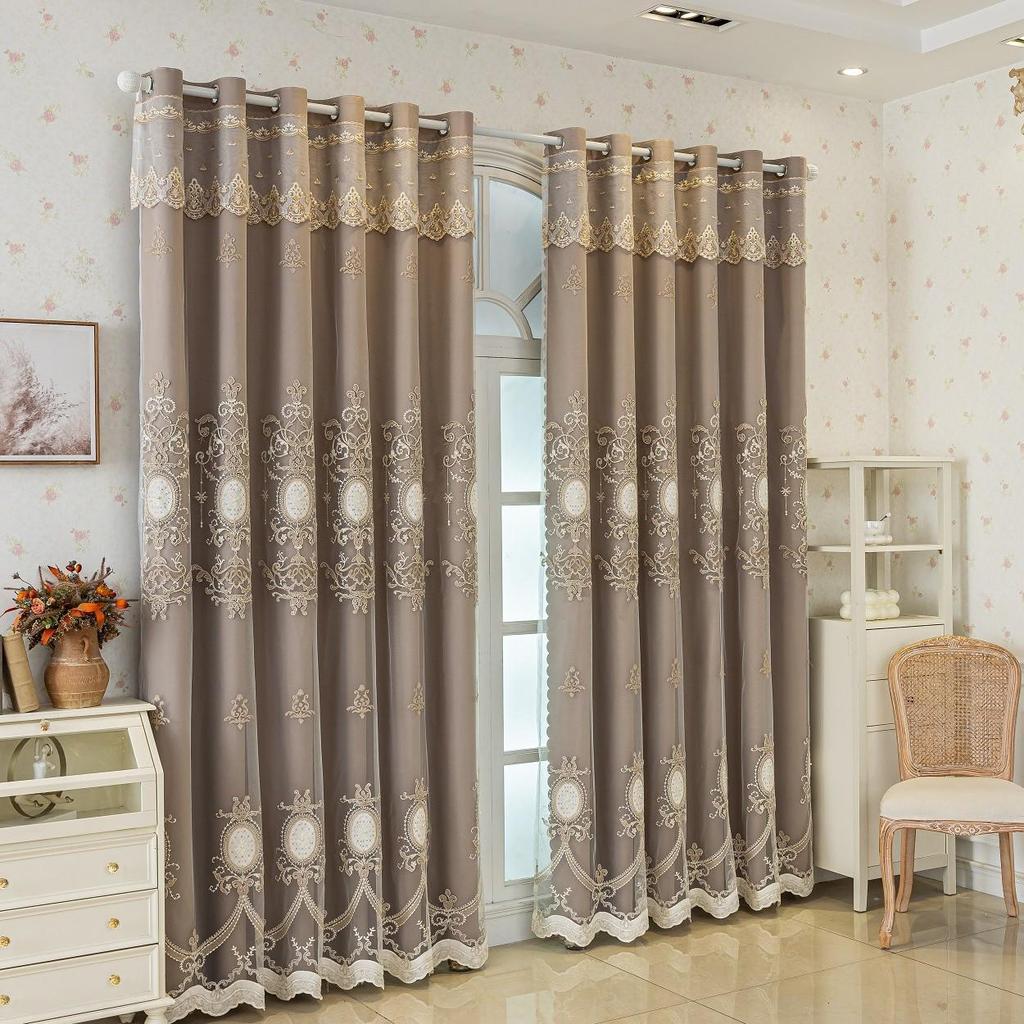 Luxury European Double-Layer Jacquard Blackout Curtains for Living Room or Bedroom - Soft Gauze Texture, Floor-to-Ceiling Design.