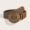 Vintage Carved Buckle Pu Wide Belts Boho Brown Embossed Waistband Western Jeans Pants Belt