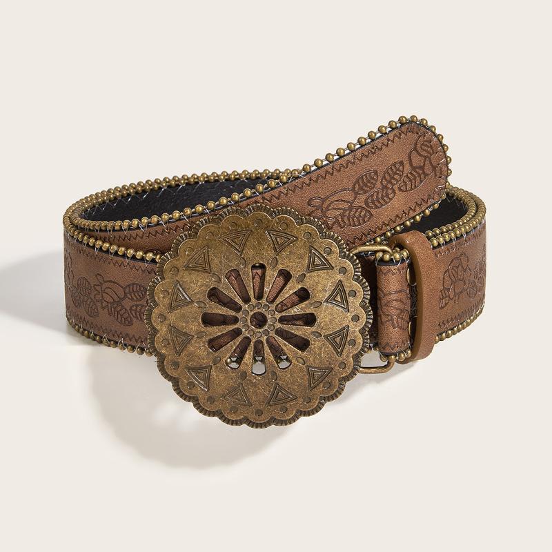 Vintage Carved Buckle Pu Wide Belts Boho Brown Embossed Waistband Western Jeans Pants Belt