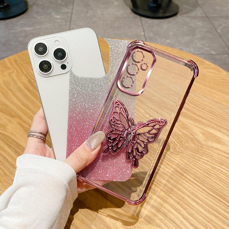 Plating Shockproof Butterfly Holder Phone Case For Samsung Galaxy A04E A04 A14 A24 A34 A54 A73 A53 A33 A23 A13 4G Glitter Cover