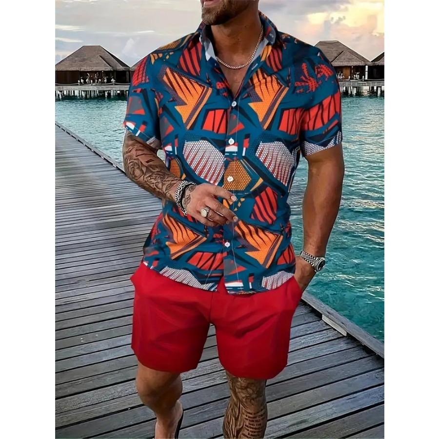 Hawaiian Men's Shirt Set 3D Printed Short-Sleeve Shirt Set Summer Beach Collared Two-Piece Shirt