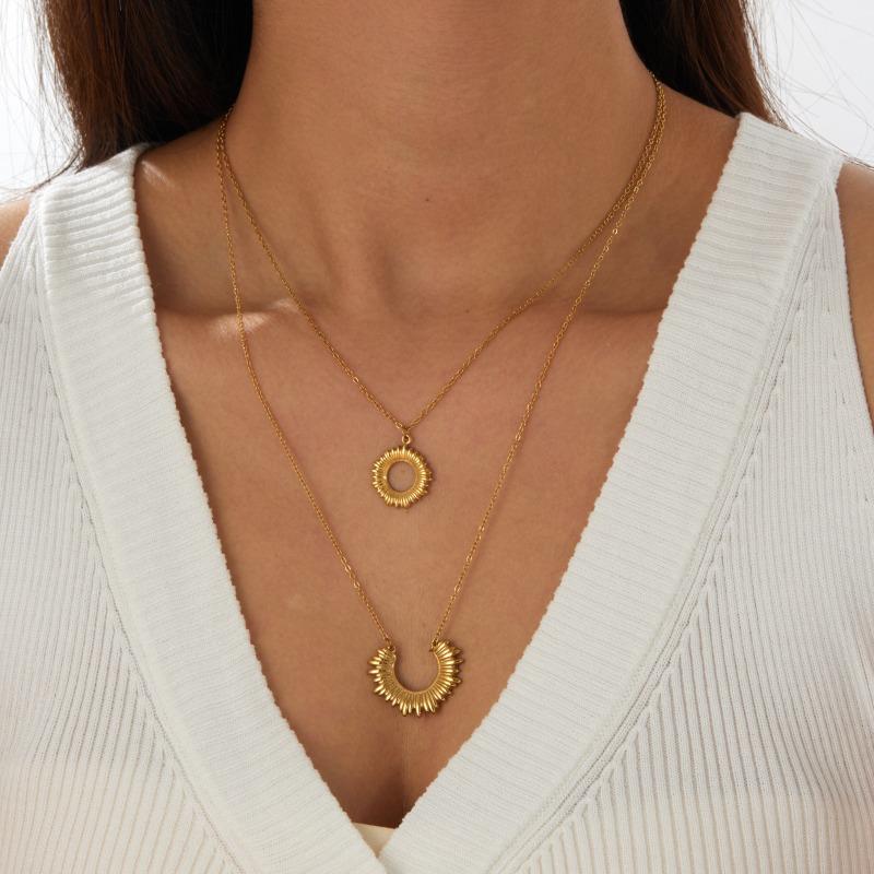 Gold Plated Stainless Steel Layered Sunburst Pendant Necklace for Women