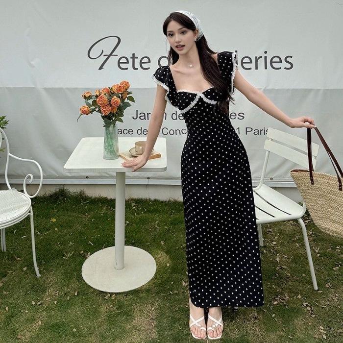 

French new waist strap slim square collar summer lace small flying sleeve a word polka dot dress XL чорний