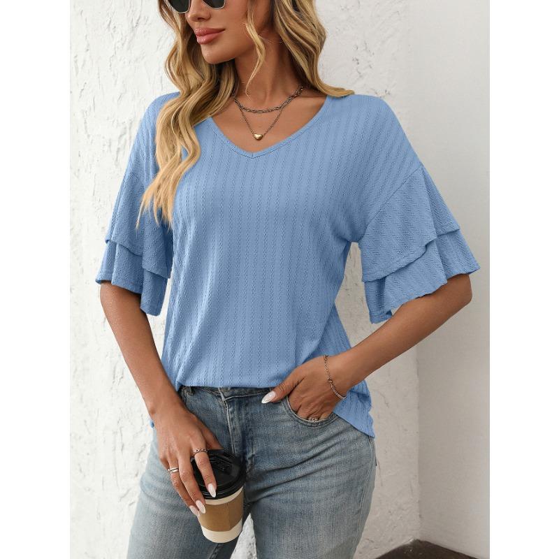 Women's Spring and Summer New Solid Color V-neck Lotus Leaf Sleeve Short-sleeved T-shirt Tops for Women