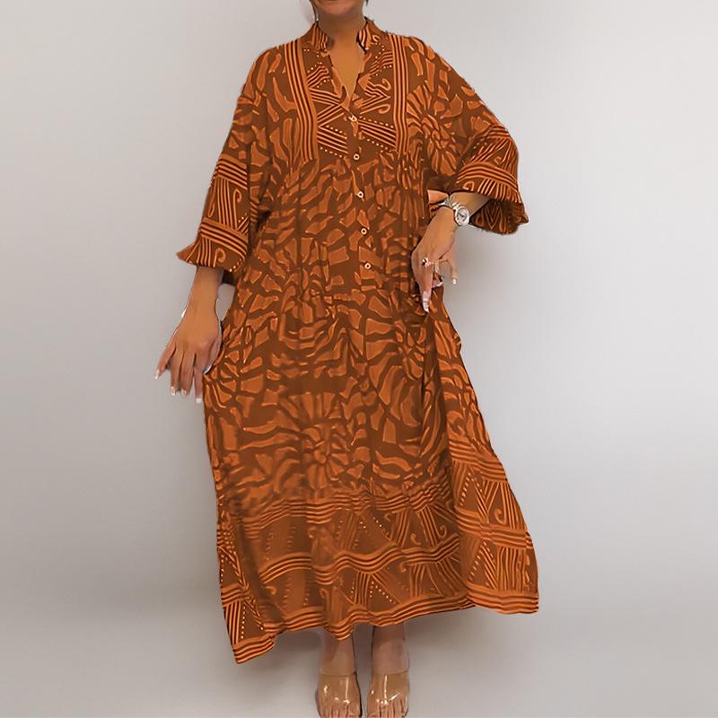 

2026 Spring Women s Elegant Printed Button-Down Maxi Dresses 3XL темно-коричневого кольору