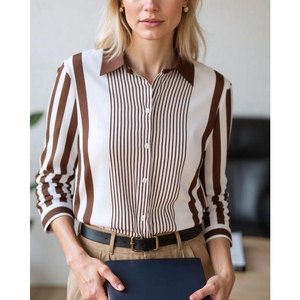 Autumn Women's Blouse Tops Color Block Striped Elegant Stylish Long Sleeve Shirt Collar Regular Tops Work Buttons Print Shirts