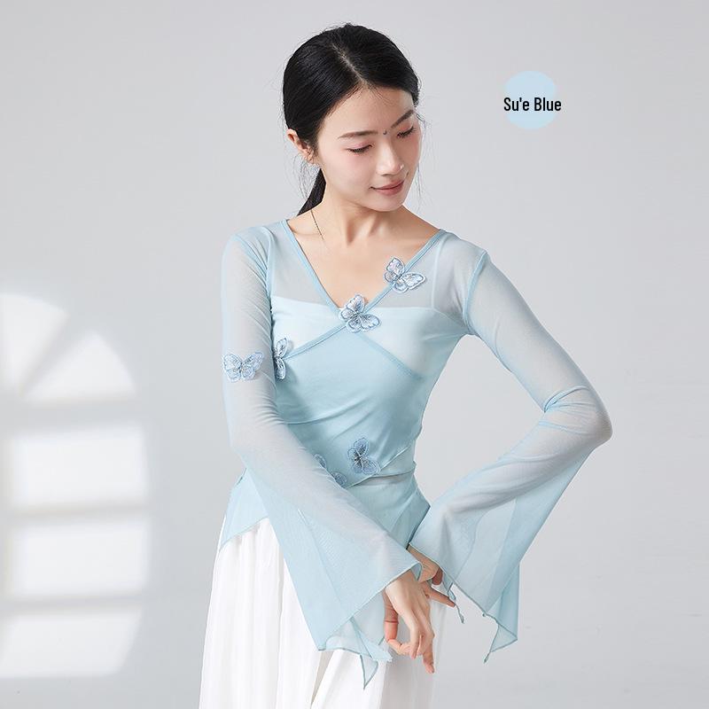 Butterfly Mesh Classical Dance Costume - Chinese Ethnic Rhythm Practice Top Medium