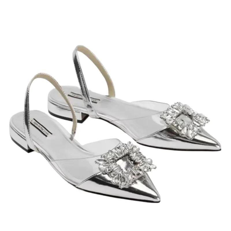 Designer Woman Fashion Sexy Banquet Comfort Crystal Transparent Solid Color Pointed Toe Women Low Heel Sandals Zapatos De Mujer
