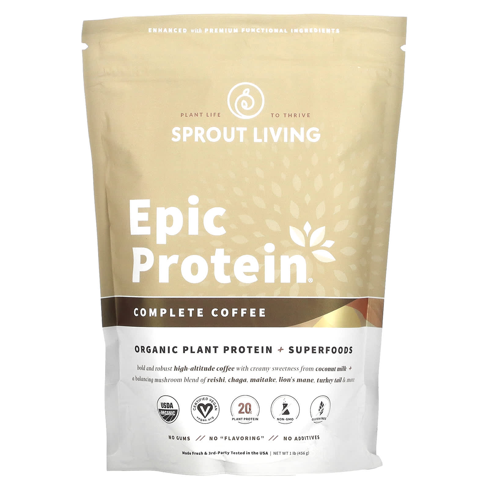 

Sprout Living, Epic Protein, Organic Plant Protein + Superfoods, Complete Coffee, 1.1 lbs (494 g)