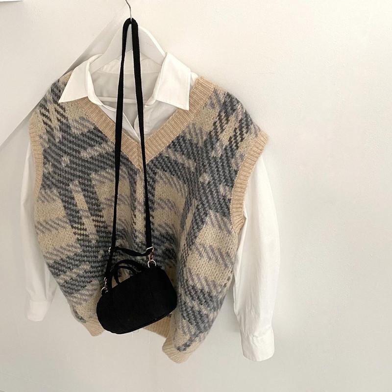 Fashion Plaid Printed V-neck Women Knitted Pullover Sweater Vest Autumn Loose Casual Office Tank Top Sleeveless Simple Waistcoat