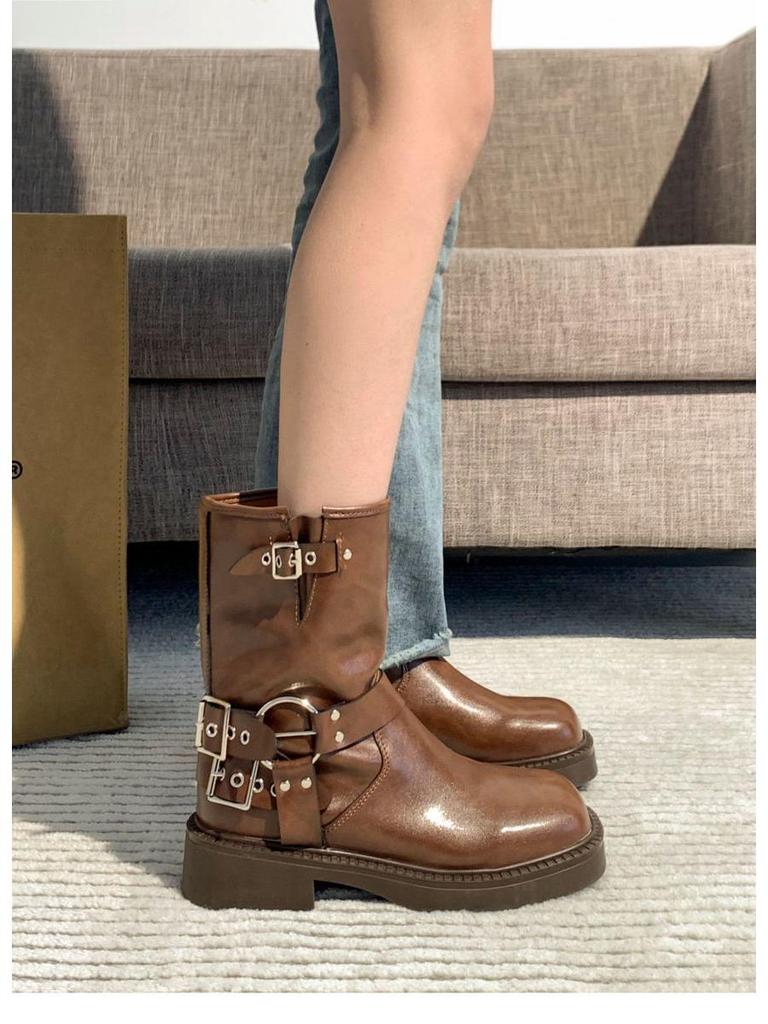 2025 British Style Women's Chunky Heel Martin Boots - Retro Square Toe Slip-On Ankle & Cowboy Riding Boots