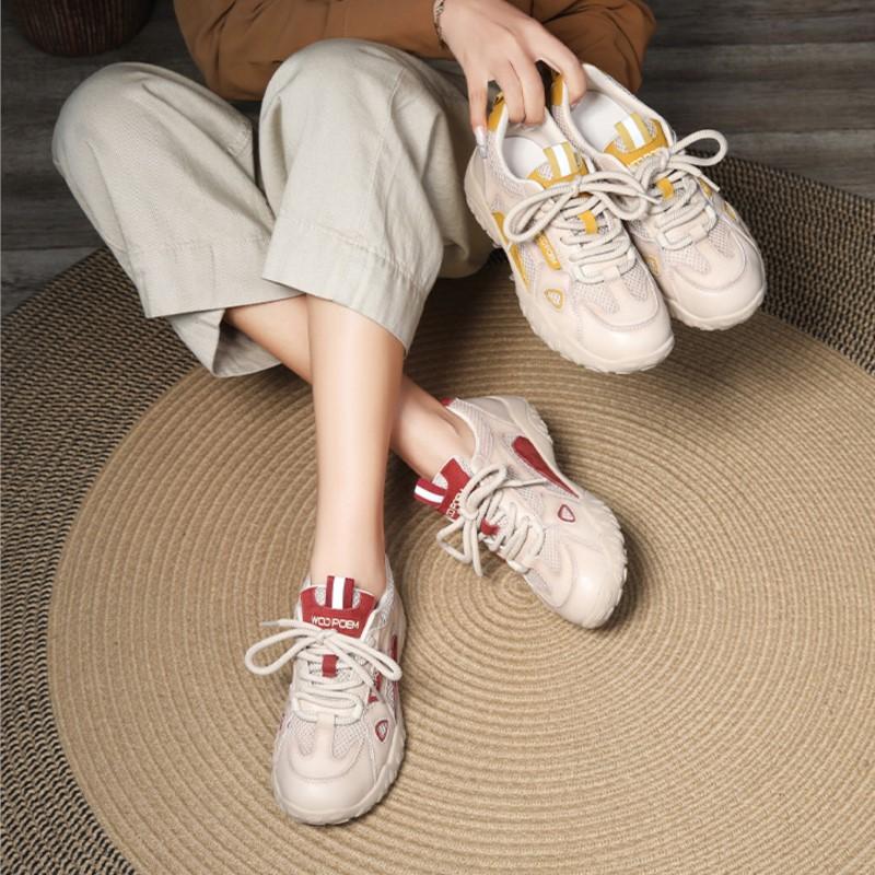 Johnature Genuine Leather Splicing Mesh Breathable Soft Soled Sports Shoes Casual Versatile Women's Sneakers