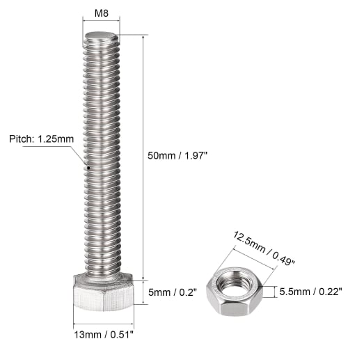uxcell Hex Thread Bolts, Nuts, and Flat Lock Washer Kit, M8 X 50mm, 304 Stainless Steel, Fully Threaded Hex Bolts, Set of 4