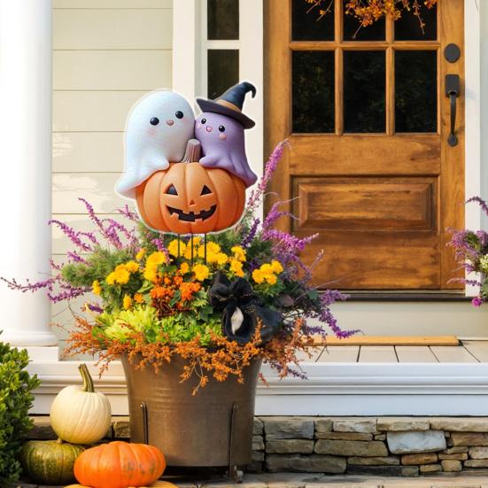 Halloween Pumpkin Ghost Yard Sign Decoration Metal Stake Outdoor Fall Yard Ornament Horror-themed Home Decor