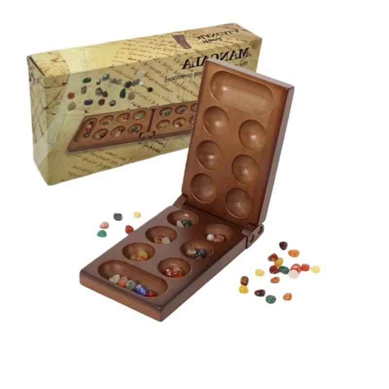 Classic Mancala Ancient African Chess Wooden Game Set with Stone Pieces Portable Strategy Game Family Fun Party Toy for Kids