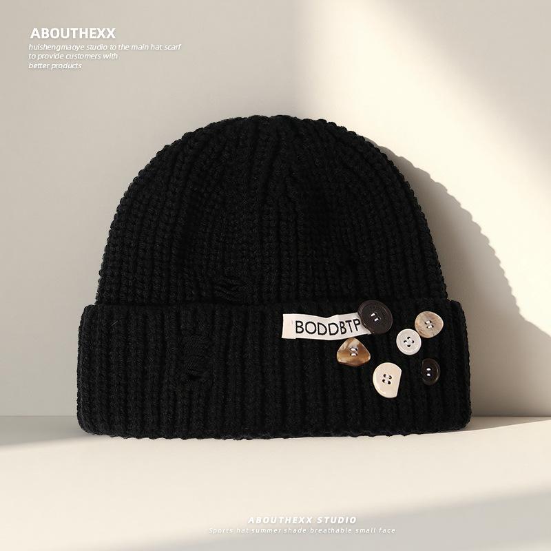 New Autumn and Winter Knitted Woolen Hats for Women Fashionable Hole In The Head Hats for Outdoor Cycling  Button Ear Protection Cold Hats for Men