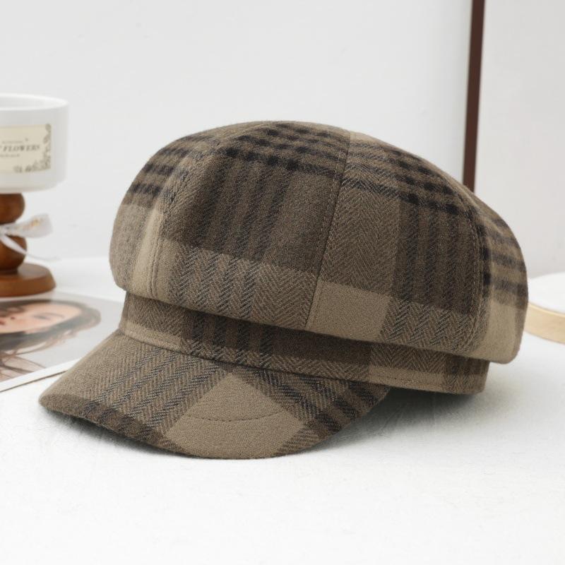 New women's autumn and winter British style retro plaid octagonal hat casual versatile painter hat windproof warm newsboy hat