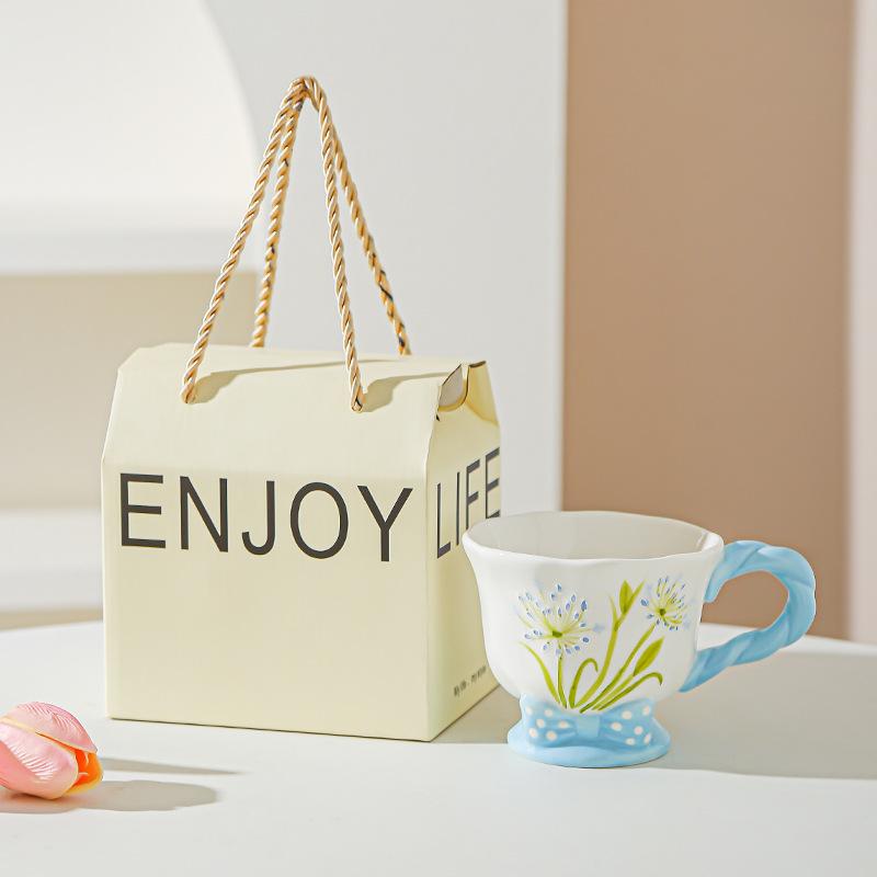 Tulip Ceramic Cup Hand Painted Relief High Looking Coffee Cup Mug Girl Heart Home Water Cup Souvenir