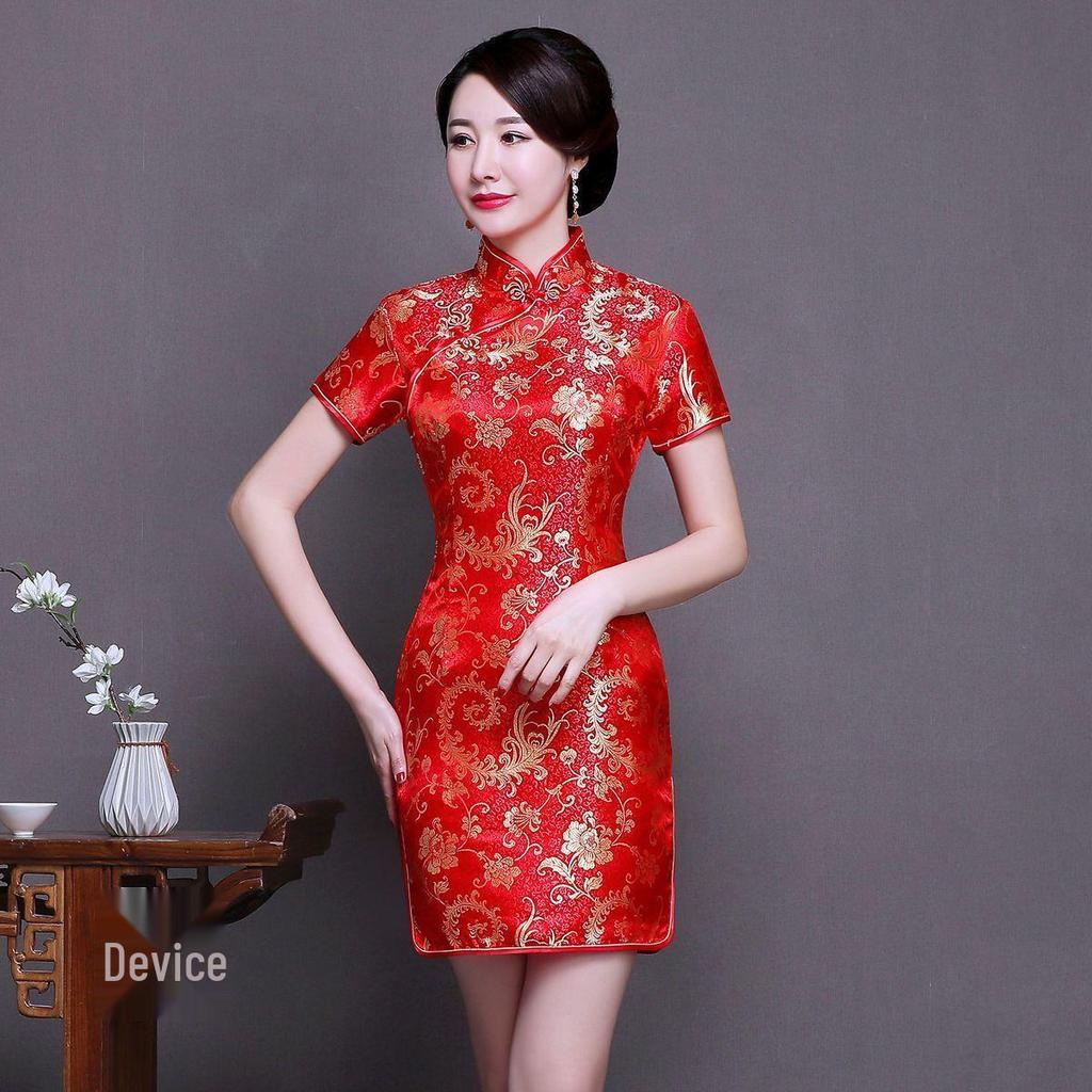 Vestido Cheongsam Retro Brocado Dragão Fênix com Gola Alta e Botões Rã para Mulheres