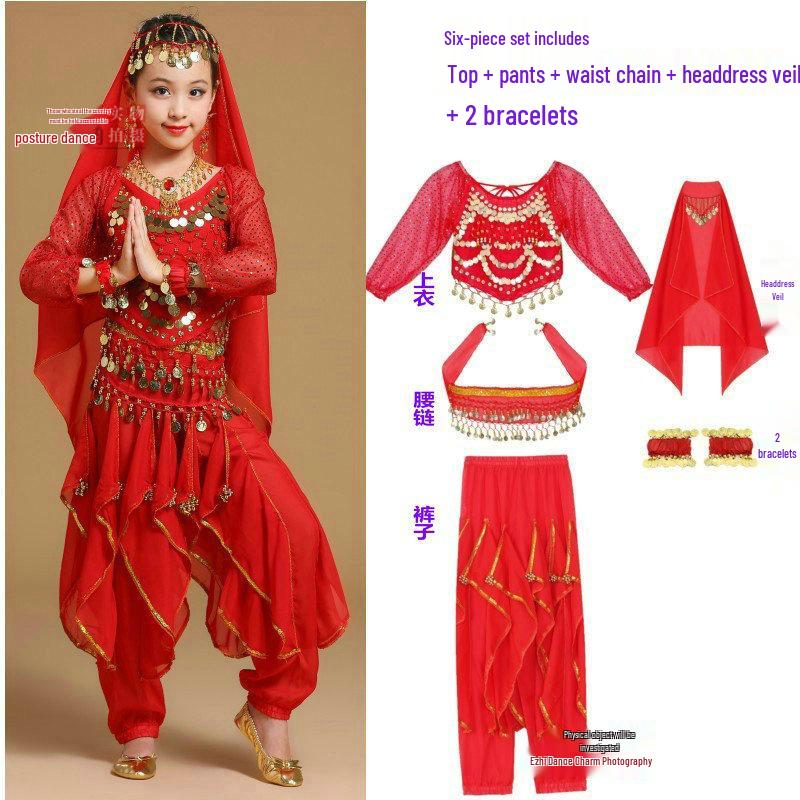 Costume da Danza Indiana per Bambini: Costume per Esibizione di Danza del Ventre e Minoranze dello Xinjiang per Bambina