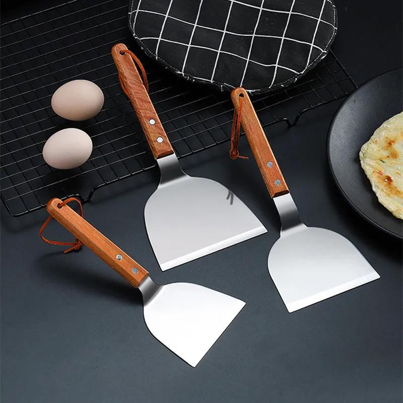 Stainless Steel Wooden Handle Teppanyaki Shovel Non-Slip Frying Fish Pancake Turners Kitchen Cooking Utensils