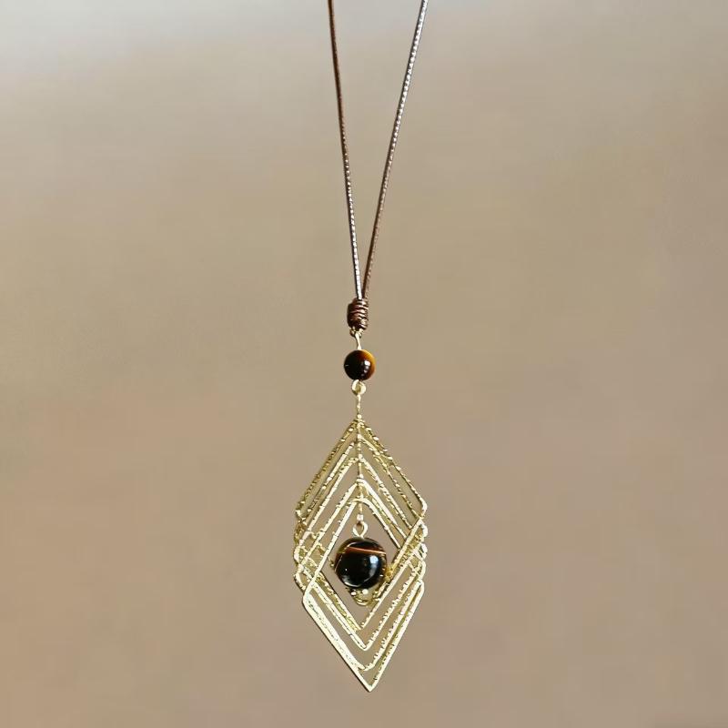 Vintage Brown Tiger Eye Stone Pendant Necklace For Women Fashion Long Rope Sweater Chain Necklaces