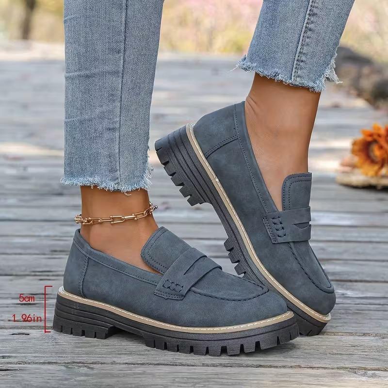 Woman Loafers Retro Autumn Ladies Large Size Frosted British Thick Heel Round Toe Rubber Outsole Korean Style Casual Shoes