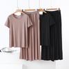 Color Block Cotton Crew Neck Two-Piece Set: Short Sleeve Top & Wide Leg Drawstring Pants