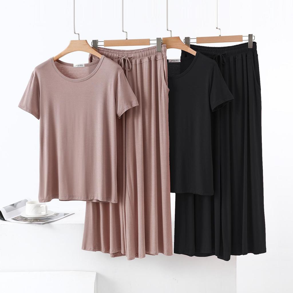 Color Block Cotton Crew Neck Two-Piece Set: Short Sleeve Top & Wide Leg Drawstring Pants