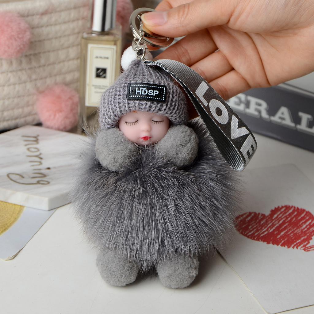 Pompom Sleeping Baby Keychain Cute Fluffy Plush Doll Keyholder Women Girl Bags Keyrings Cars Key Ring Gift Charming Decoration