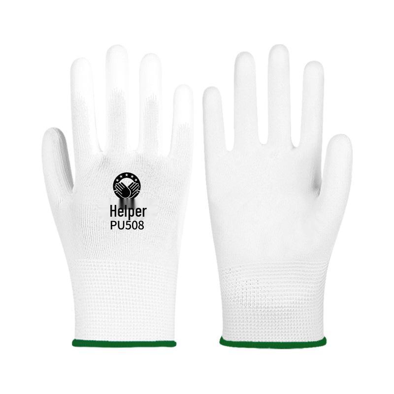 Λευκά Γάντια Παλάμης με Αντιστατική Επικάλυψη PU, Χωρίς Σκόνη, Προστασία Δακτύλων με Χρωματιστή Λωρίδα