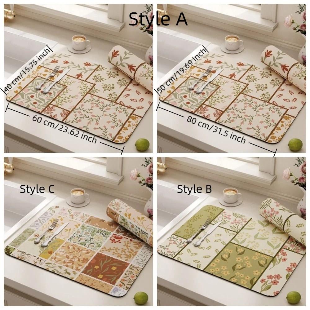Heat Resistant Kitchen Drain Mat Floral Print Absorbent Mat Coffee Machine Mat Sink Area
