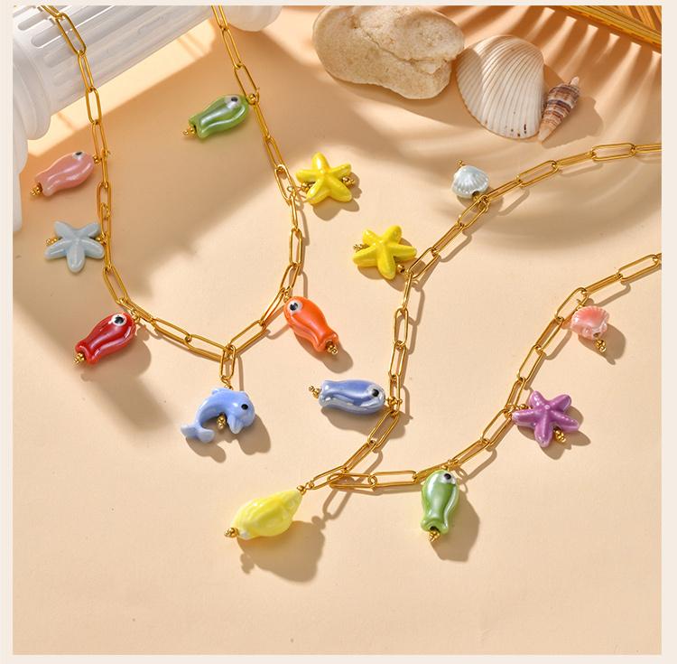 Ceramic Starfish Fish Conch Dolphin Drop Y2K Necklace, Women's Stainless Steel Chain Adjustable, Notarnish Resistant Jewelry