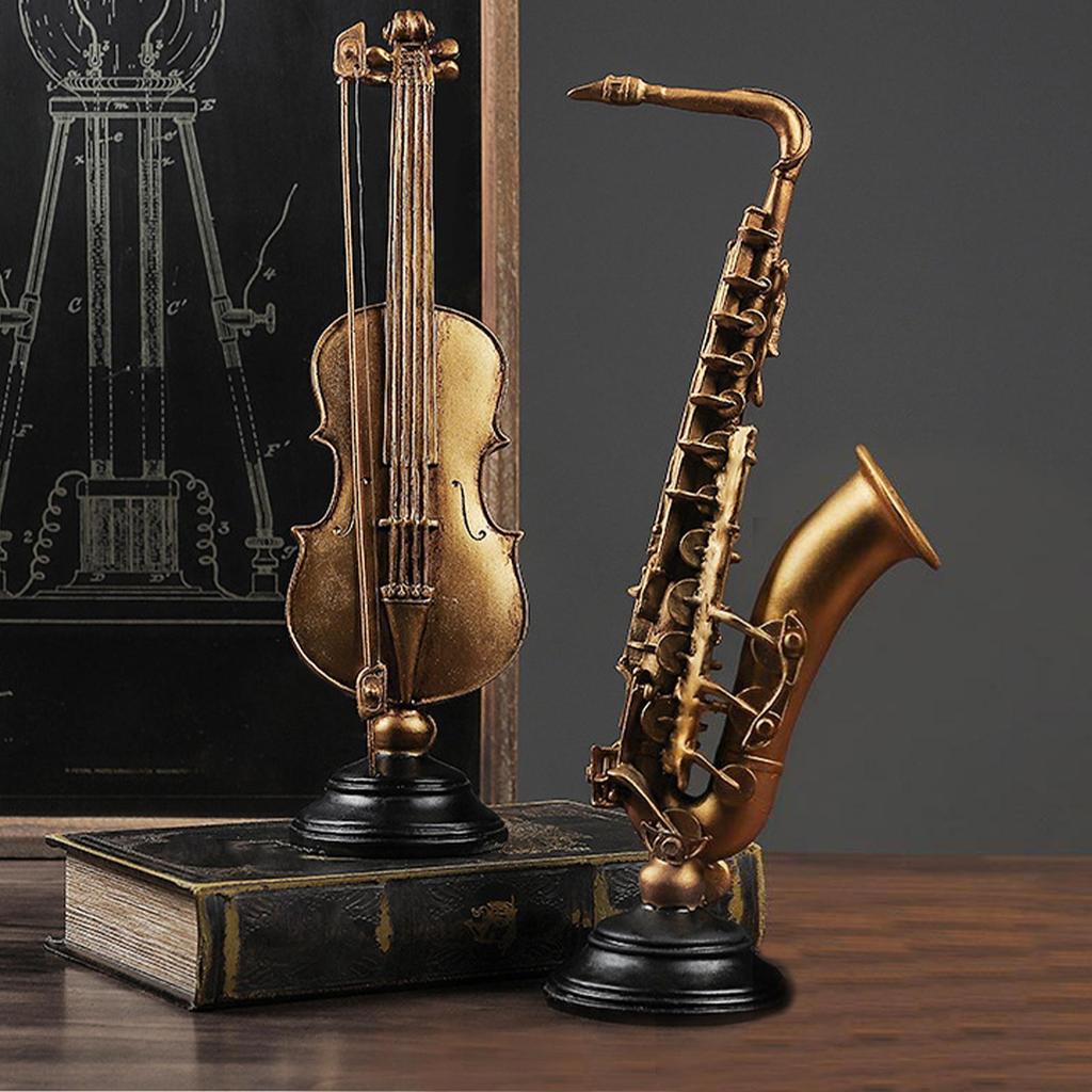 Instrument Figurines Gold Simulation Collectible Statue Miniature Saxophone Violin Statue with Stand for Collector Musician Home