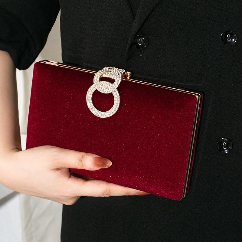 Elegant Solid Velvet Evening Clutch Rhinestone Decor Chain Handbag Luxury Formal Women Purse For Party Banquet