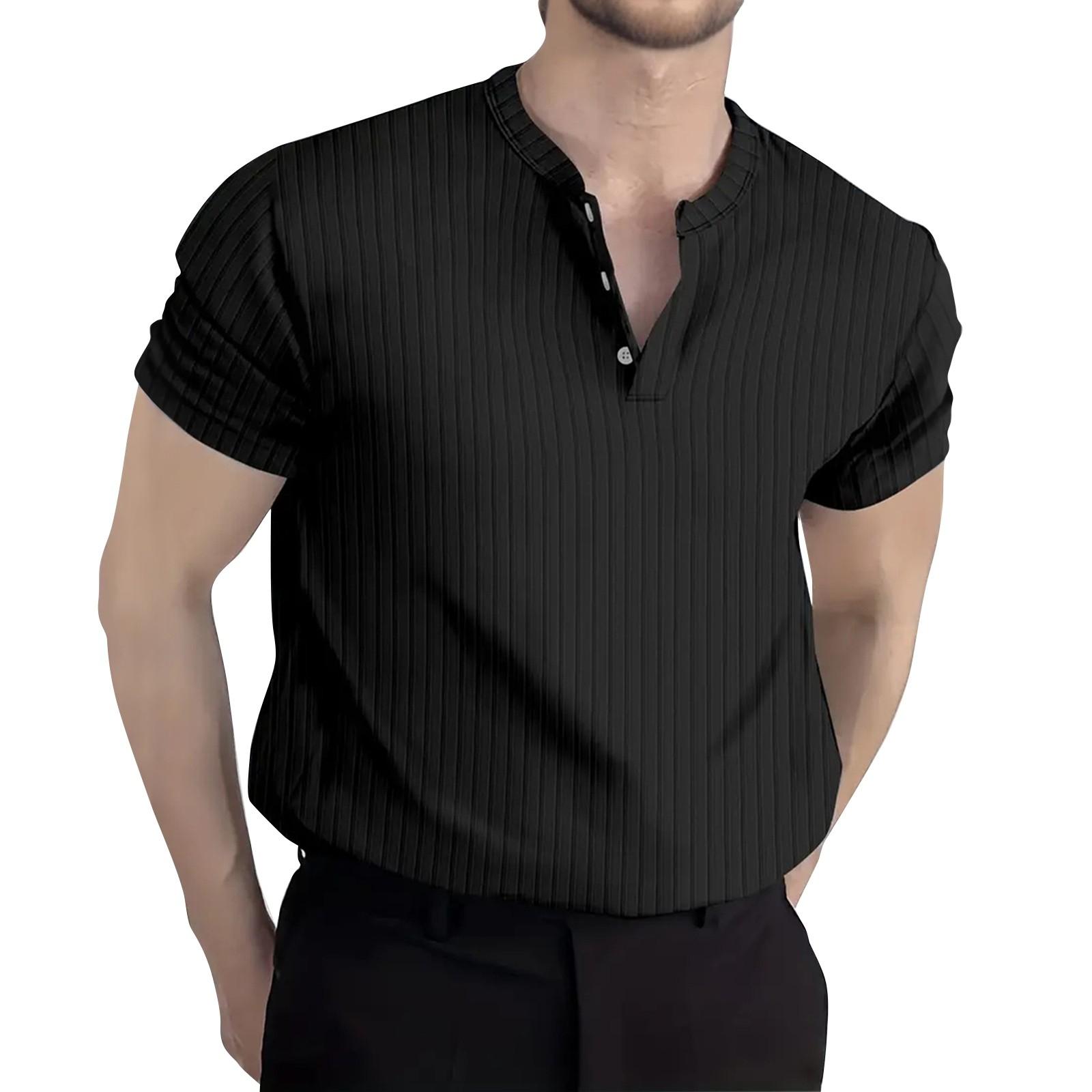 

Мужские летние однотонные топы с коротким рукавом на пуговицах, мужские повседневные свободные модные топы L чёрный