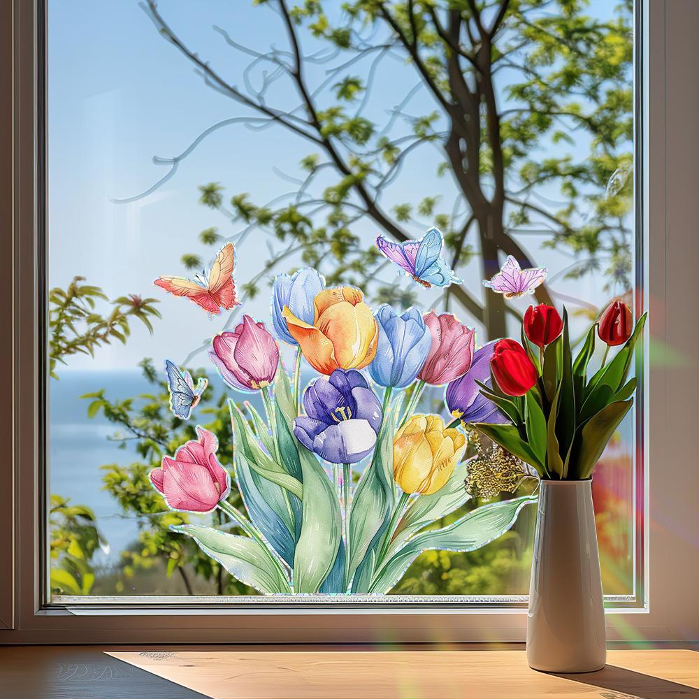 Colorful Flowers Tulips Butterflies Home Beautification and Decoration Glass Doors and Windows Static Window Stickers