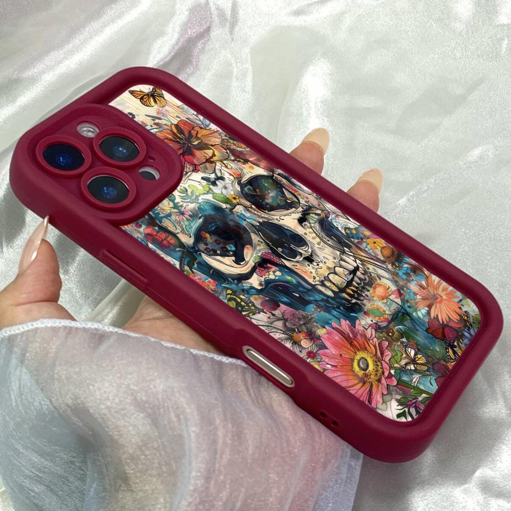 JT478 Skull with Flowers for iPhone 17 16 15 14 13 Pro Max Samsung S26 S25 Ultra A17 A07 A56 A16 A15 A14 Xiaomi 15T Redmi 15c 14C Note 12 11 Soft Case