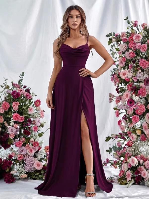 European Spring 2026 Strappy Off-Shoulder Sleeveless Slit Solid Color Elegant Women's Dress