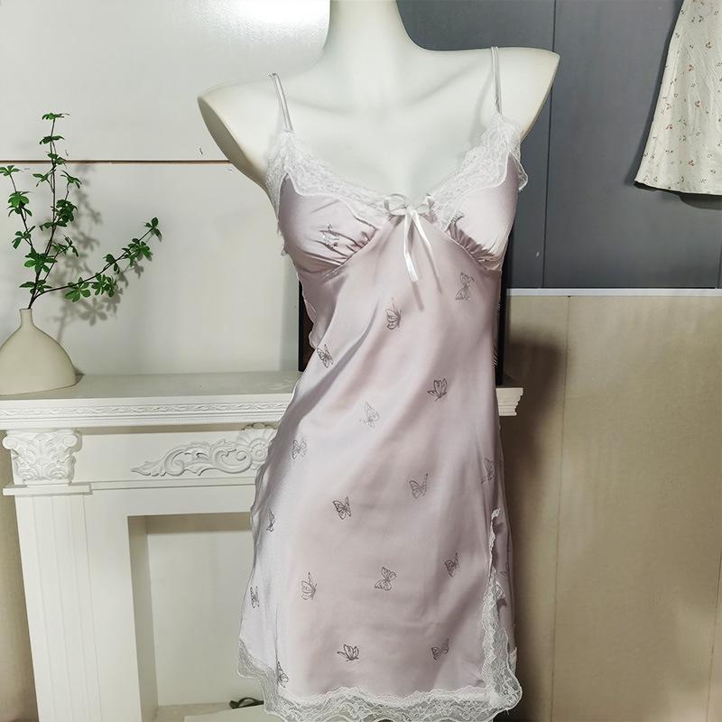 Butterfly Print Deep V Padded Pajamas Set: Sexy and Slimming Ice Silk Nightdress with Fairy Camisole.