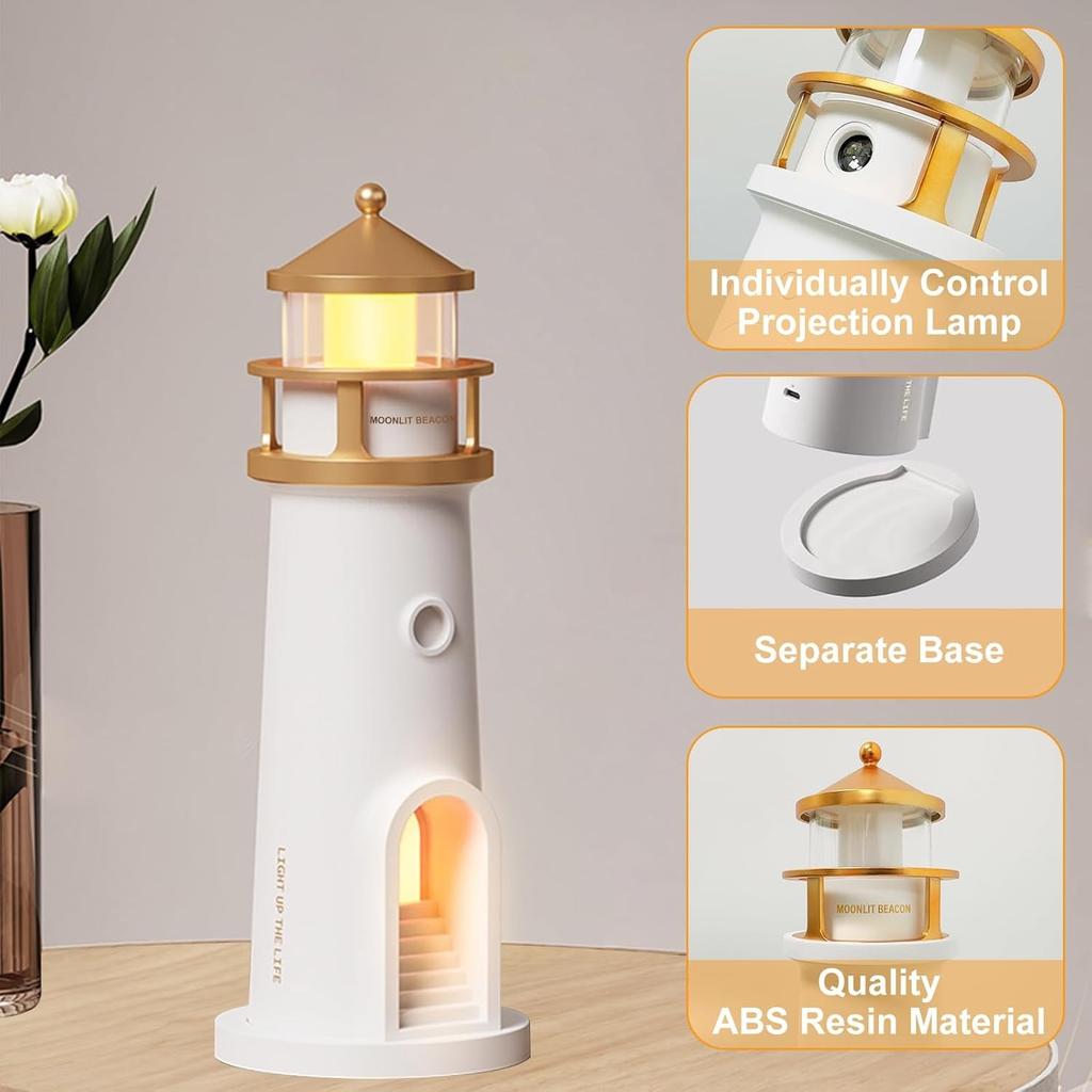 Lighthouse Lamp Moon Projector - Cordless Night Light for Nightstand w/ Remote Control, 2700K Warm Light & Moonlight Projection