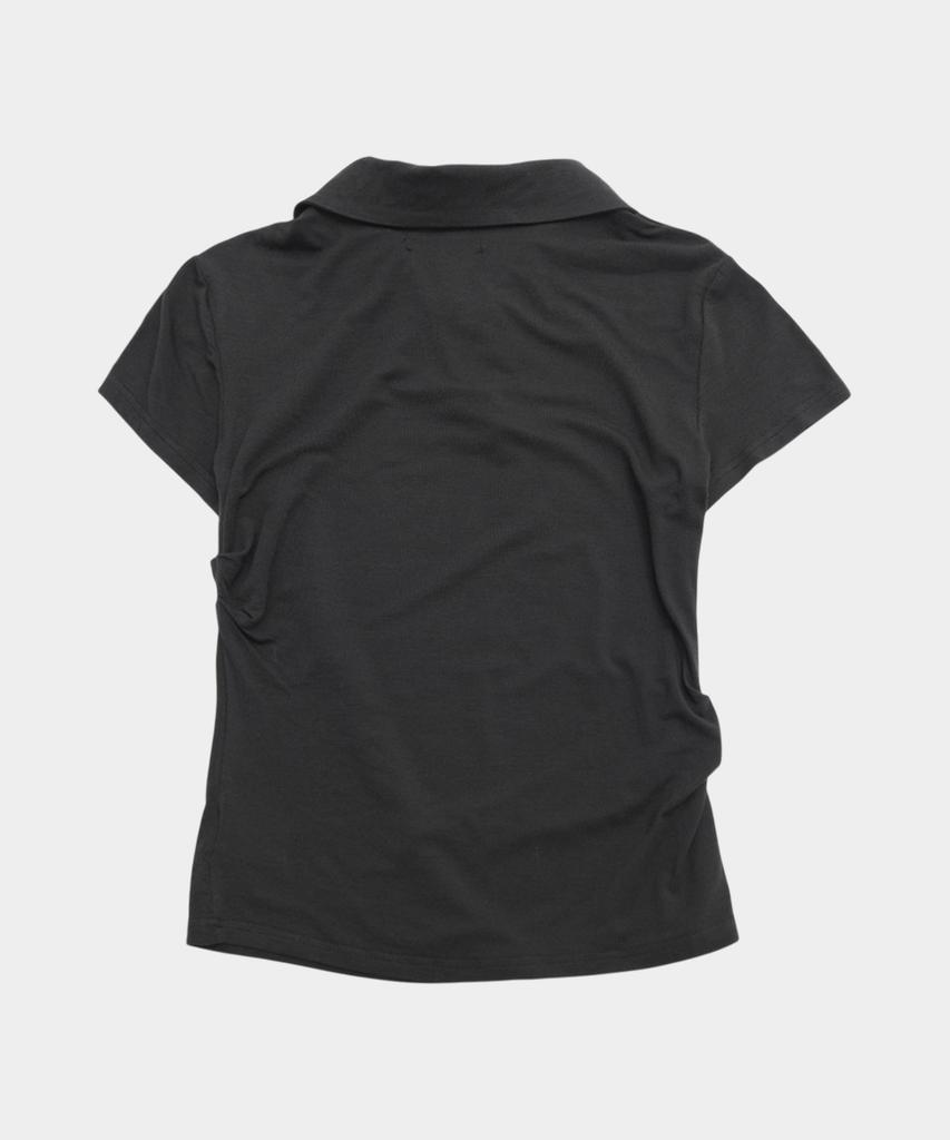 PLACE STUDIO Strap Side Shirring Slim Fit Standard Women'S Collar Soft Short Sleeve T-Shirt [Charcoal]