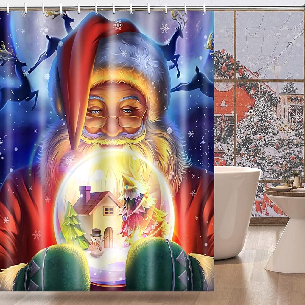 Santa Claus Shower Curtain for Bathroom, Christmas Cartoon Winter Tree Snowman Flying Reindeer Magic Funny Polyester Fabric