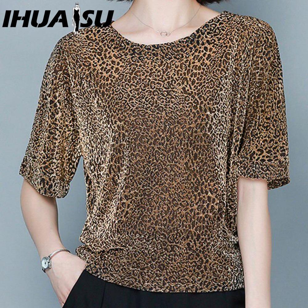 

IHUASU Women s Fashion Casual Leopard Print Short Sleeve O Neck Blouses & Shirts M